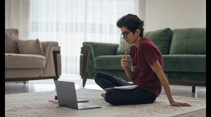 teen sitting on floor working on laptop