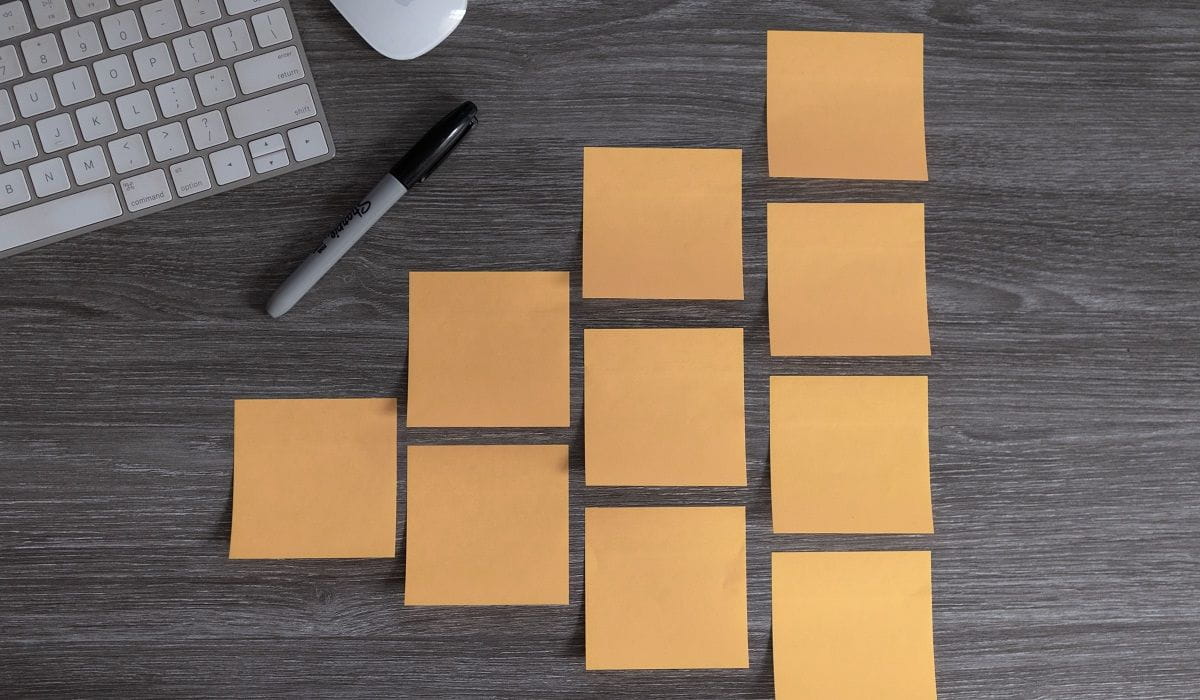 desk with many blank sticky notes