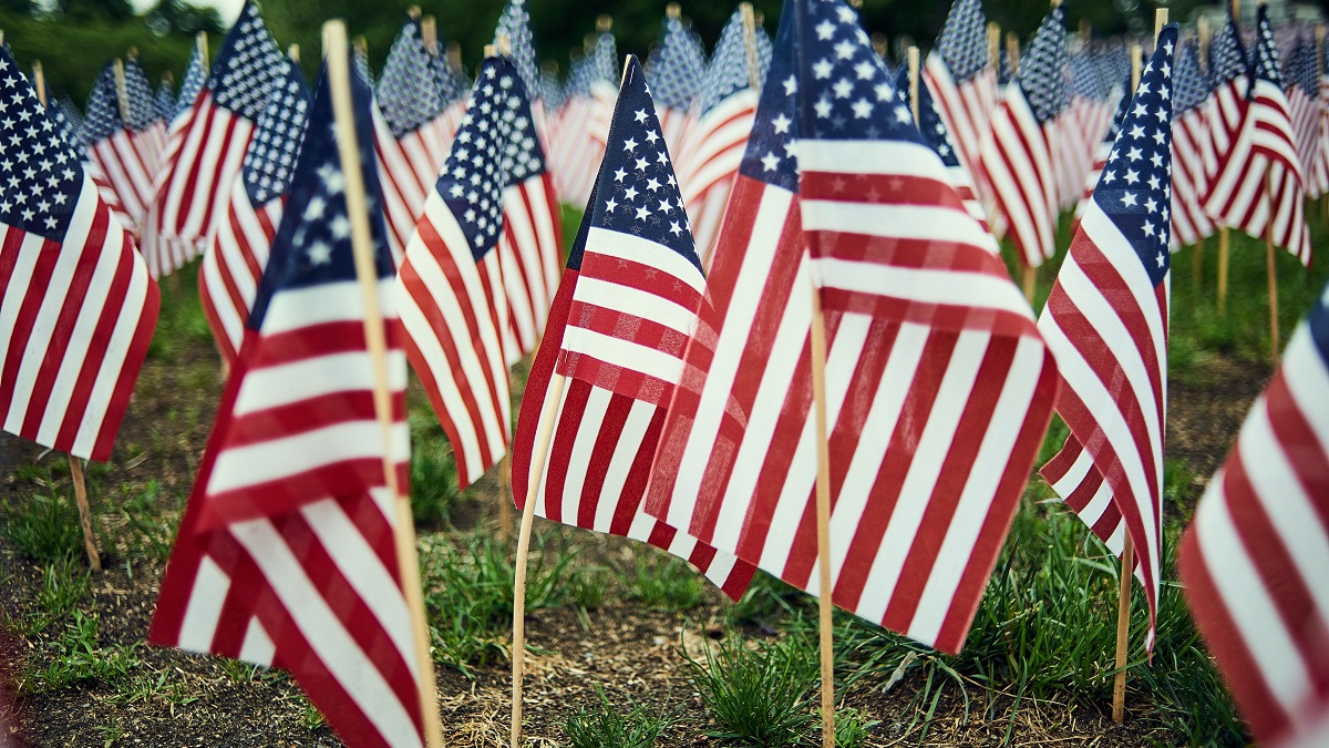 american flags in field